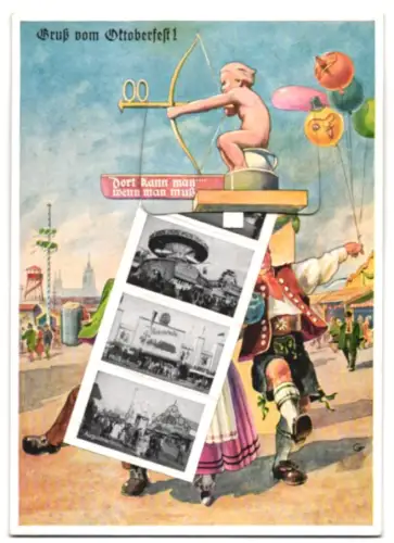 Leporello-AK München, Besucher und Amor auf dem Oktoberfest, Löwenbräu, Bierwagen, Fahrgeschäfte, Hofbräuhaus