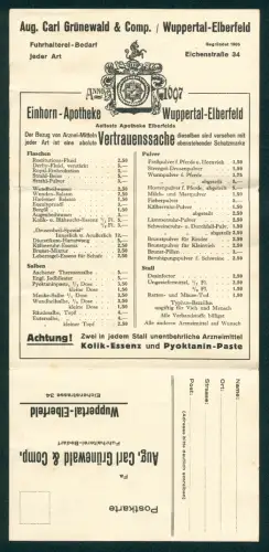 Klapp-AK Elberfeld, Einhorn-Apotheke für Fuhrhalterei-Bedarf und Tierarzneimittel mit Preisliste