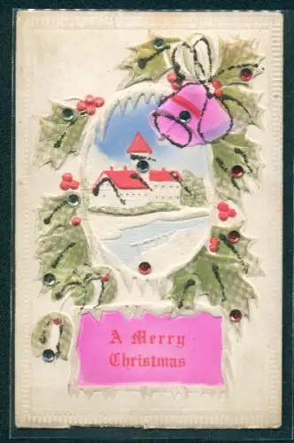 Glitzer-Perl-AK Ortspartie mit Stechpalmenzweigen