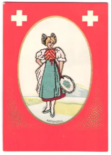 Stick-AK Basel, Schweizer Mustermesse 1933, Frau in Appenzeller Tracht