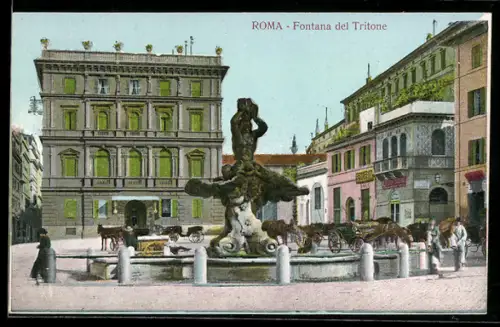 AK Roma, Fontana del Tritone con carrozze e edifici storici circostanti