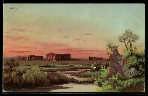 AK Pesto, Veduta dei templi al tramonto con vegetazione in primo piano