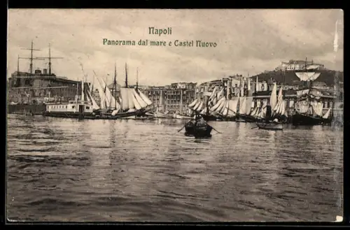 AK Napoli, Panorama dal mare e Castel Nuovo