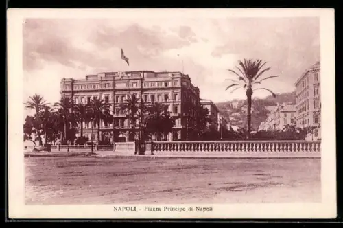AK Napoli, Piazza Principe di Napoli con palme e edificio storico