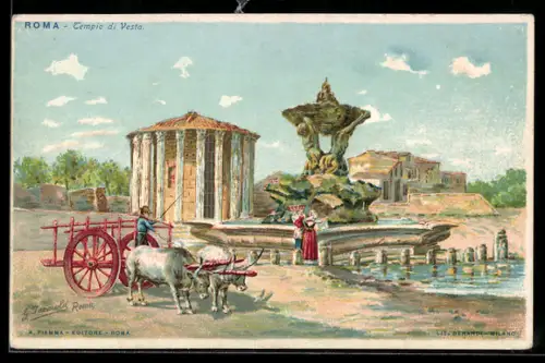 AK Roma, Tempio di Vesta con fontana e carri trainati da buoi