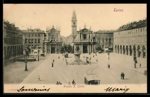 AK Torino, Piazza S. Carlo con tram e monumento centrale