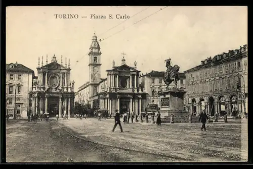 AK Torino, Piazza S. Carlo con monumento e chiese gemelle