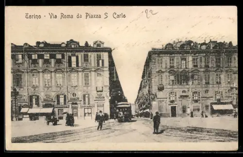 AK Torino, Via Roma da Piazza S Carlo con tram e passanti