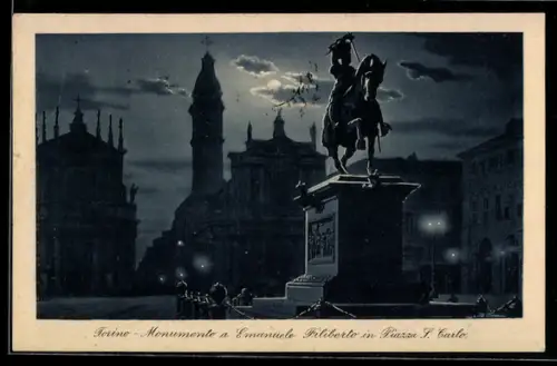 AK Torino, Monumento a Emanuele Filiberto in Piazza S. Carlo di notte