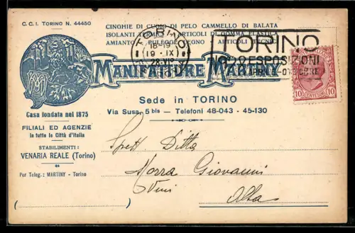 AK Torino, Cartolina commerciale Manifatture Martiny con timbro postale