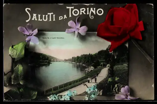 AK Torino, Fiume Po e Castello Valentino con fiori decorativi