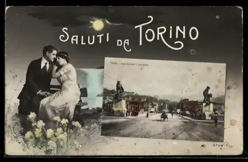 AK Torino, Ponte Umberto I e viale Statuto sotto la luna con una coppia romantica