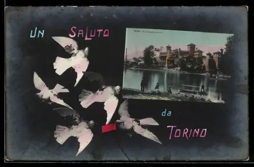 AK Torino, Saluto con colombe e vista sul fiume Po