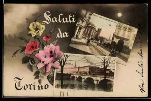 AK Torino, Saluti da Torino con fiori e cartoline vintage