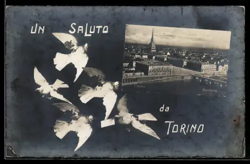 AK Torino, Un saluto da Torino con colombe e panorama della città