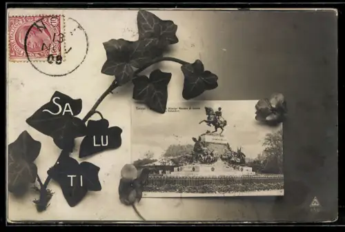 AK Torino, Monumento di Emanuele Filiberto con edera e saluti