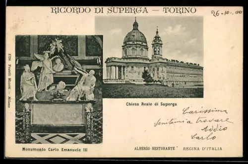 AK Torino, Ricordo di Superga con Monumento Carlo Emanuele III e Chiesa Reale di Superga