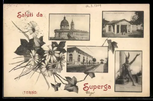 AK Superga /Torino, Saluti con immagini storiche e fiori decorativi