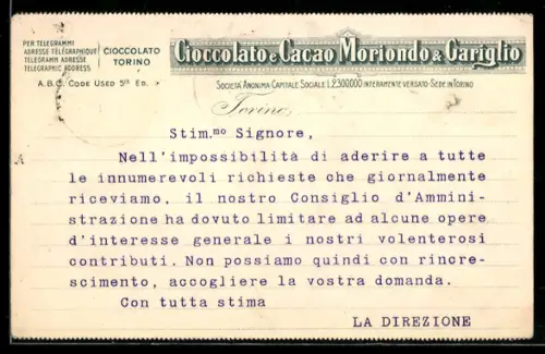 AK Torino, Cioccolato e cacao Moriondo & Gariglio, comunicazione ufficiale