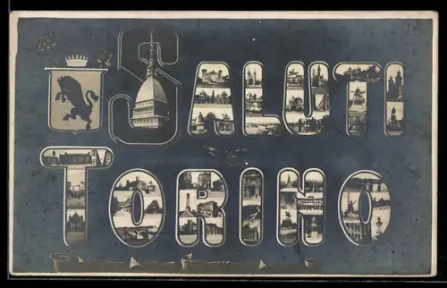 AK Torino, Saluti da Torino con collage di immagini iconiche della città