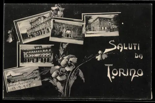 AK Torino, Collage di edifici storici e saluti floreali