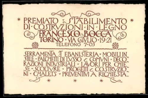 AK Torino, Pubblicità Premiata Stabilimento di Costruzioni in Legno Francesco Bocca 1921