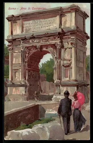Künstler-AK Roma, Arco di Costantino con coppia elegante in passeggiata