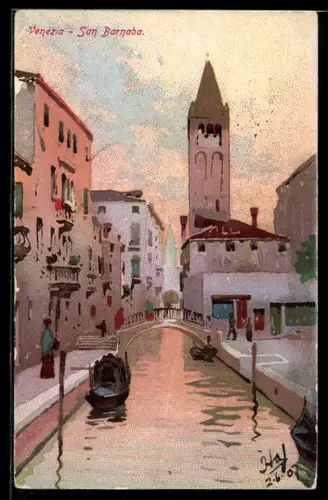 Künstler-AK Venezia, San Barnaba, Pittoresco canale con gondole e campanile sullo sfondo