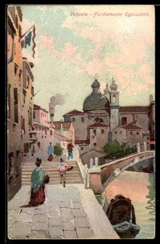 Künstler-AK Venezia, Fondamenta Ognissanti con vista su edifici storici e ponte