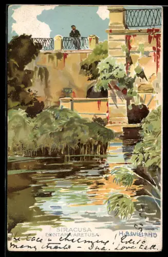 Künstler-AK sign. H. B. Wieland: Siracusa, Fontana Aretusa con vegetazione lussureggiante e ponte sullo sfondo