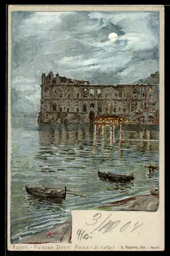 Künstler-AK Napoli, Palazzo Donn`Anna di notte, vista sul mare con barchette