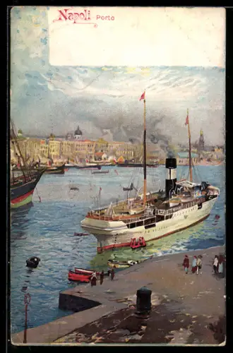 Künstler-AK Napoli, Porto, Vista del porto con navi e persone sulla banchina