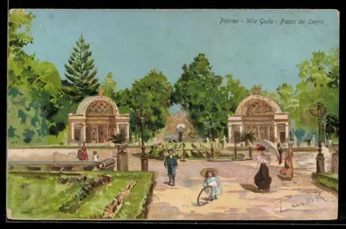 Künstler-AK Palermo, Villa Giulia, Piazza del Centro, vista del giardino con persone passeggiando