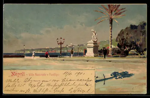 Künstler-AK Napoli, Villa Nazionale e Posillipo con statua e palma sul lungomare
