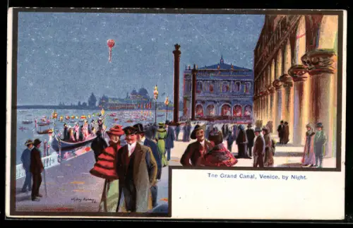 Künstler-AK Venezia, Canal Grande di notte con gondole e passanti eleganti