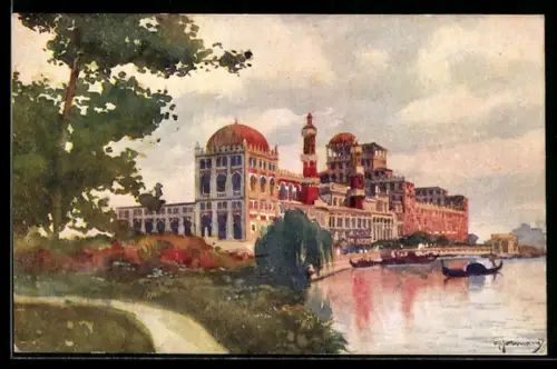 Künstler-AK Venezia, Lido, Grand Hôtel Excelsior con giardino e vista sul canale