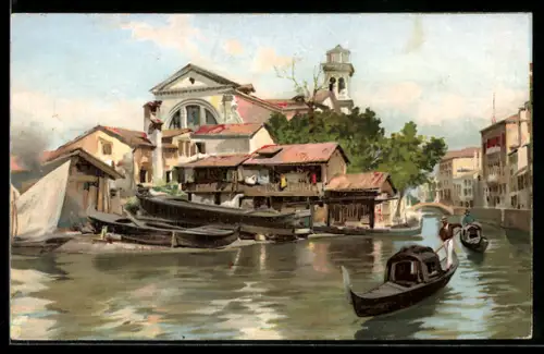 Künstler-AK Venezia, Rio S. Trovaso con gondole e edifici storici