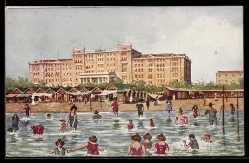 Künstler-AK Venezia, Lido, Bagnanti davanti a un grande edificio balneare