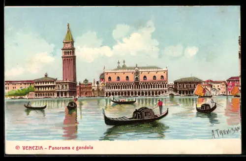 Künstler-AK Venezia, Panorama e gondola