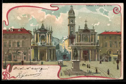 Künstler-AK Torino, Piazza S. Carlo con chiese gemelle e statua del cavaliere