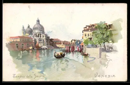 Künstler-AK Venezia, Tempio della Salute con gondola sul canale
