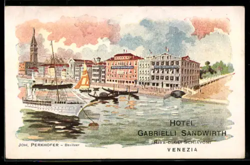 Künstler-AK Venezia, Hotel Gabrielli Sandwirth con nave alla Riva degli Schiavoni