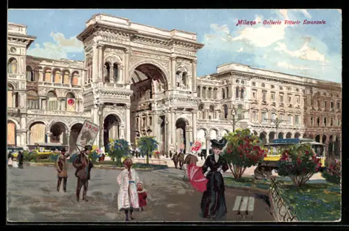AK Milano, Galleria Vittorio Emanuele, scena urbana animata