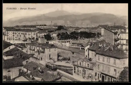 AK Torino, Borgo Rossini con vista della città e tram