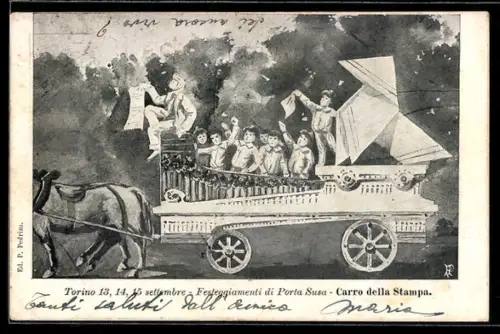 Künstler-AK Torino, Festeggiamenti di Porta Susa, Carro della Stampa