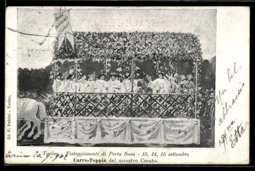 Künstler-AK Torino, Festeggiamenti di Porta Susa, Carro-Topia del maestro Cerato