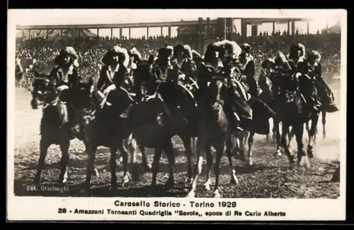 AK Torino, Carosello Storico 1928, Amazzoni Torneanti Quadriglia Savoie, epoca di Re Carlo Alberto