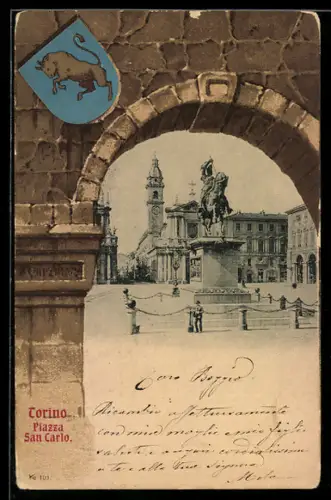 AK Torino, Piazza San Carlo con statua e chiesa sullo sfondo
