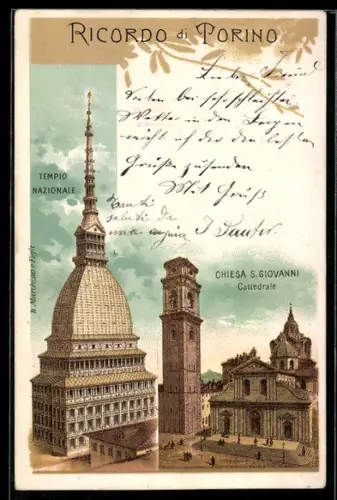 Lithographie Torino, Tempio Nazionale e Chiesa S. Giovanni Cattedrale