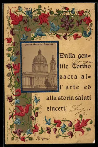 AK Torino, Chiesa Reale di Superga, cornice floreale decorativa